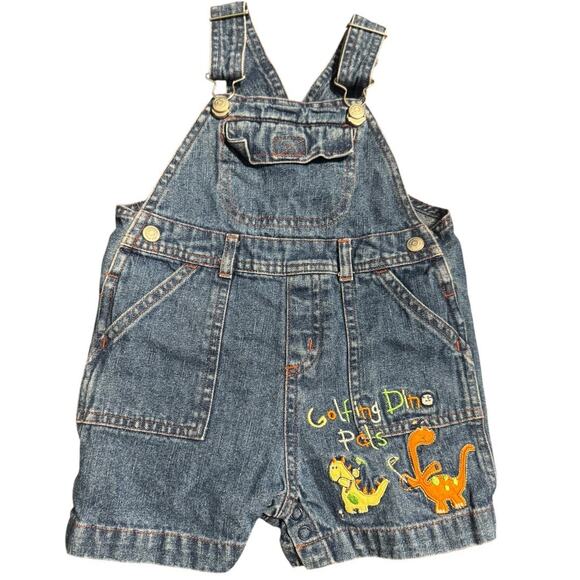 Vintage Baby Denim Overalls 12M Golfing Dino Pals Embroidered Dinosaurs - Picture 1 of 9